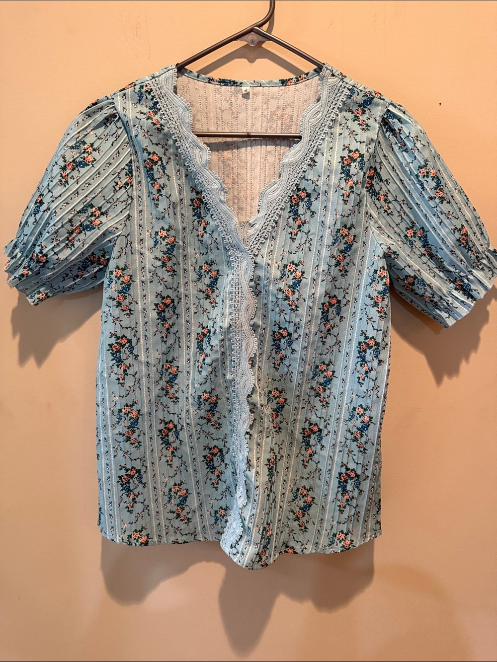 Light Blue Floral Lace-Trim Women's Blouse